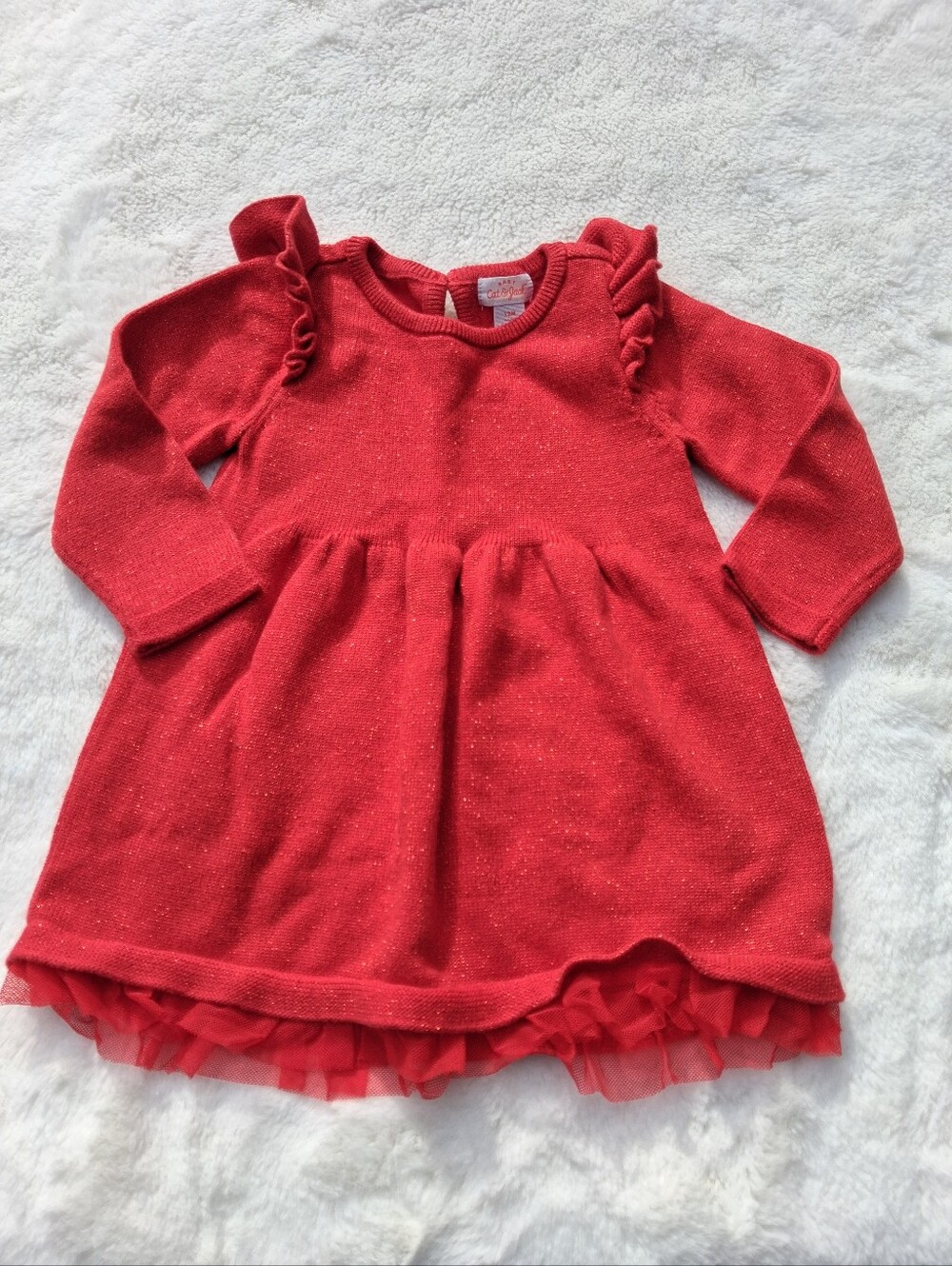 Cat & Jack Red Knit Dress with Ruffle Shoulders and Tulle Size 12m